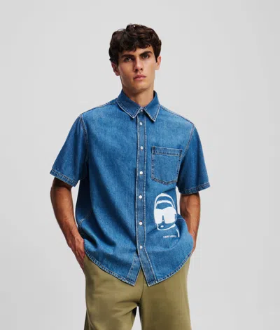 Karl Lagerfeld Ikon Short-sleeved Denim Shirt In Blue