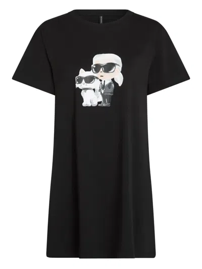 Karl Lagerfeld Ikon Sketch Short-sleeved Pajama Dress In Black