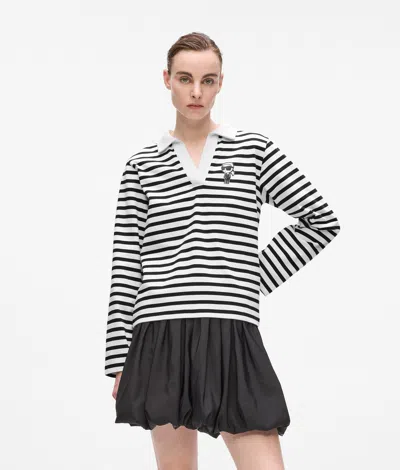 Karl Lagerfeld Ikon Striped Long-sleeved Polo Shirt In Black