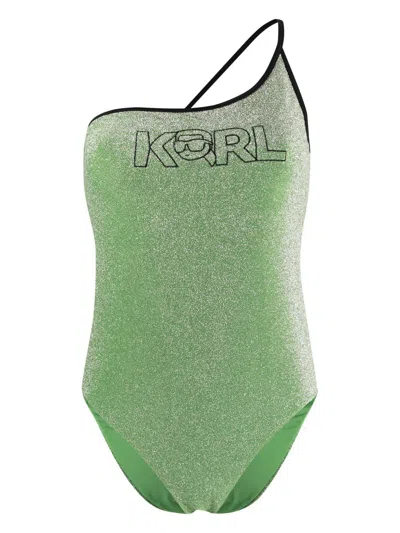 Karl Lagerfeld Ikonik 2.0 Lurex Swimsuit In Green