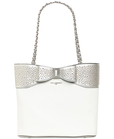 Karl Lagerfeld Ikons Caviar Large Leather Tote In Winter White,silver