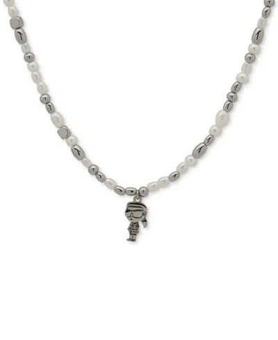Karl Lagerfeld Imitation Pearl & Beaded Karl Charm Pendant Necklace, 16" + 3" Extender In Gray
