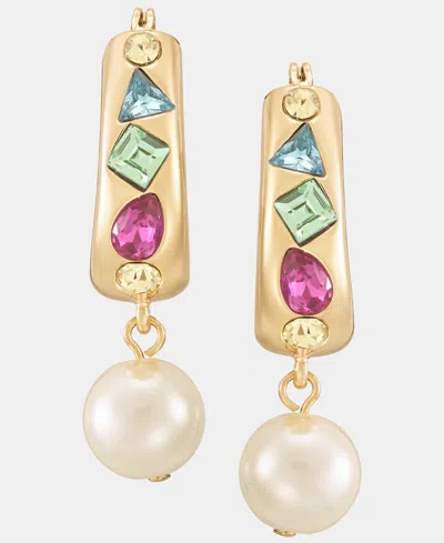 Karl Lagerfeld Imitation Pearl Charm Mixed Crystal Hoop Earrings In Gold