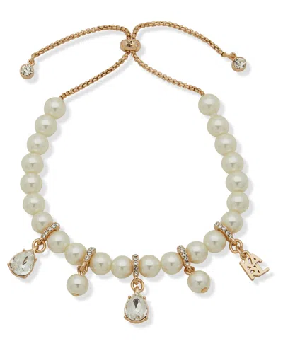 Karl Lagerfeld Imitation Pearl Logo Charm Slider Bracelet In White