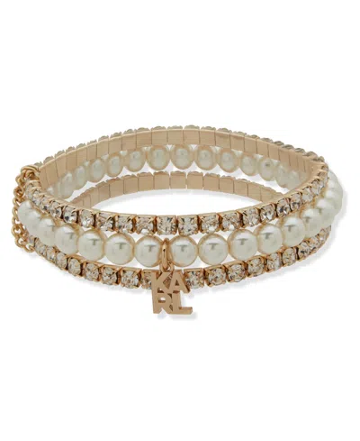 Karl Lagerfeld Imitation Pearl Logo Stretch Bracelet In White