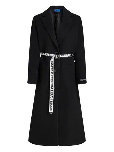 Karl Lagerfeld Jeans Belted Logo-jacquard Coat In Black