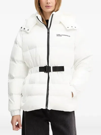 Karl Lagerfeld Jeans Belted Puffer Jacket In White