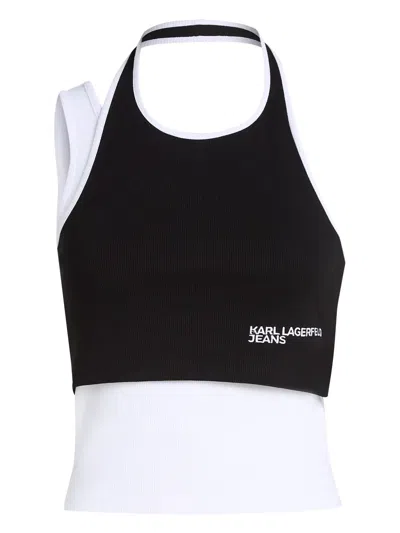 Karl Lagerfeld Jeans Block-print Ribbed T-shirt In 黑色