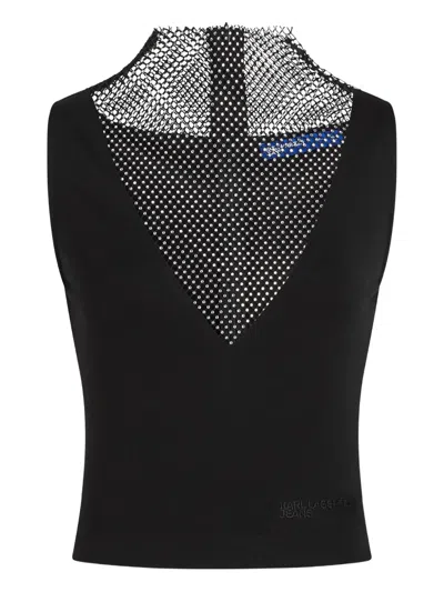 Karl Lagerfeld Jeans Chainmail-detail High-neck Top In Black
