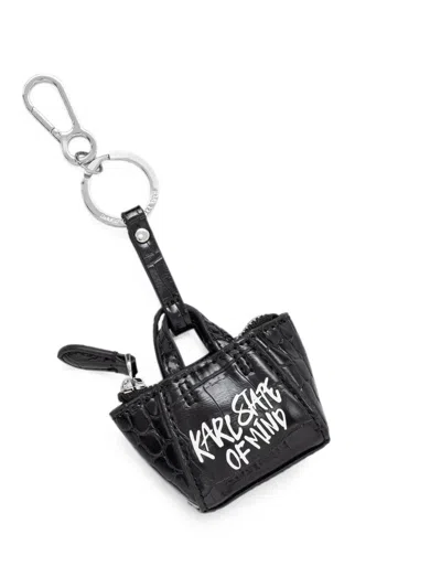 Karl Lagerfeld Jeans Croc-effect Logo-print Keyring In Black