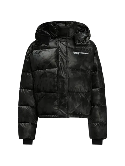 Karl Lagerfeld Jeans Cropped Shiny Puffer Jacket In Black