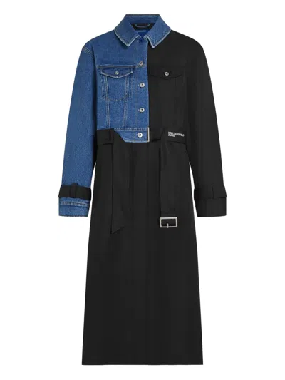 Karl Lagerfeld Jeans Denim-panelled Belted Trench Coat In Blue