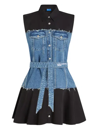 Karl Lagerfeld Jeans Denim-panelled Sleeveless Mini Dress In Blue