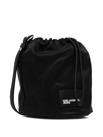Karl Lagerfeld Jeans Drawstring Logo-patch Cross Body Bag In Black