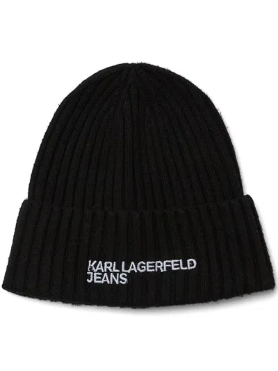 Karl Lagerfeld Jeans Embroidered-logo Knitted Beanie In Black