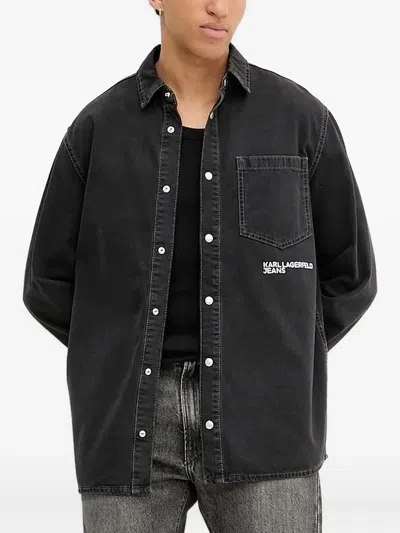 Karl Lagerfeld Jeans Embroidered-pocket Denim Overshirt In Black