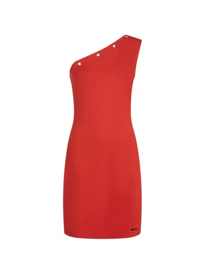 Karl Lagerfeld Jeans Eyelet-detail One-shoulder Mini Dress In Red
