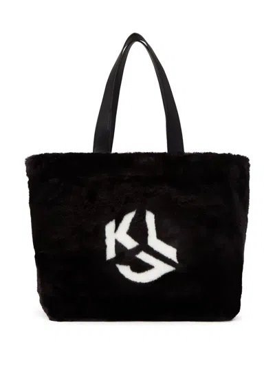 Karl Lagerfeld Jeans Faux-fur Logo-print Tote Bag In 黑色