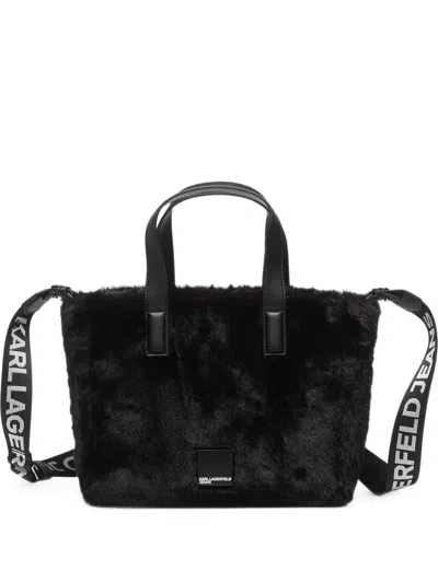 Karl Lagerfeld Jeans Faux-fur Logo-strap Tote Bag In Black