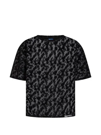 Karl Lagerfeld Jeans Flocked Floral Mesh T-shirt In Black