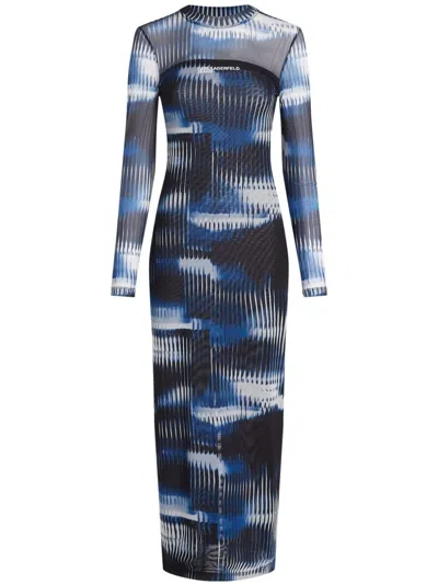 Karl Lagerfeld Jeans Glitch-print Mesh Dress In Black