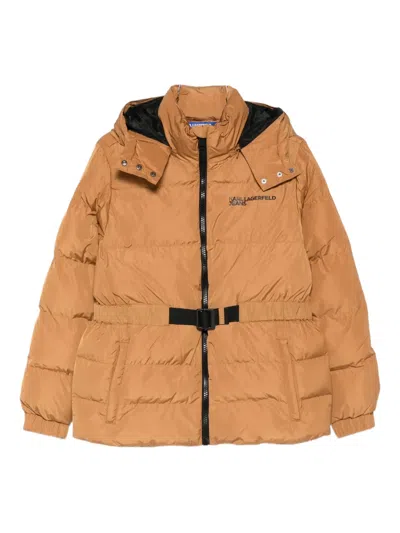 Karl Lagerfeld Jeans Hooded Belted Puffer Jacket In Brown