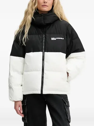 Karl Lagerfeld Jeans Hooded Colourblock Puffer Jacket In Burgundy