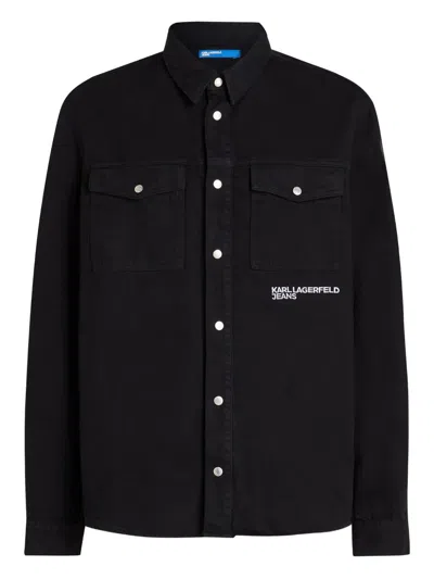 Karl Lagerfeld Jeans Karlism Slogan-print Denim Overshirt In Black