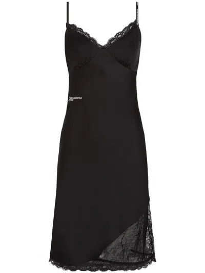 Karl Lagerfeld Jeans Lace-panels Satin Dress In Schwarz