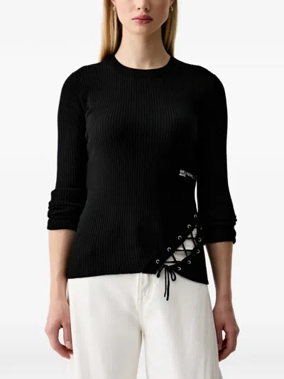 Karl Lagerfeld Jeans Lace-up Ribbed Sweater In Black