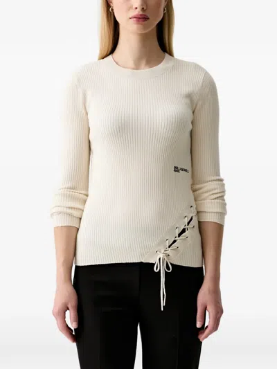 Karl Lagerfeld Jeans Lace-up Ribbed Sweater In Neutral