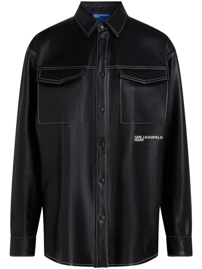 Karl Lagerfeld Jeans Logo-embroidered Faux-leather Shirt In Black