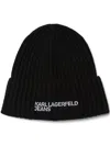 Karl Lagerfeld Jeans Logo-embroidered Ribbed Beanie In Black