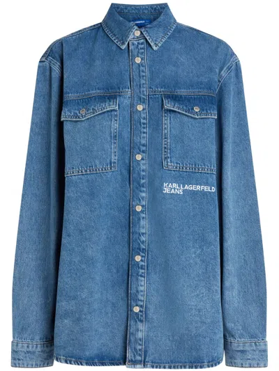 Karl Lagerfeld Jeans Logo-stripe Organic Cotton Denim Shirt In Blue
