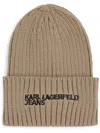 Karl Lagerfeld Jeans Logo Ribbed Beanie Hat In Brown
