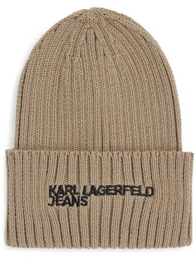 Karl Lagerfeld Jeans Logo Ribbed Beanie Hat In Brown