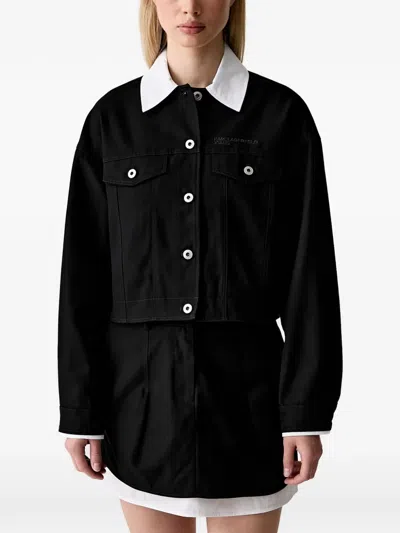 Karl Lagerfeld Jeans Logo-embroidered Cropped Denim Jacket In Black