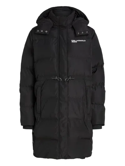 Karl Lagerfeld Jeans Long Hooded Puffer Coat In Black
