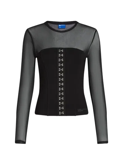 Karl Lagerfeld Jeans Mesh-panelled Hook-and-eye Top In Multi