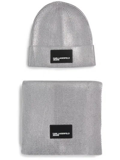 Karl Lagerfeld Jeans Metallic Beanie Hat Set In Grey