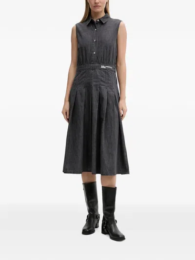 Karl Lagerfeld Jeans Pleated Sleeveless Cotton Midi Shirt Dress In Black