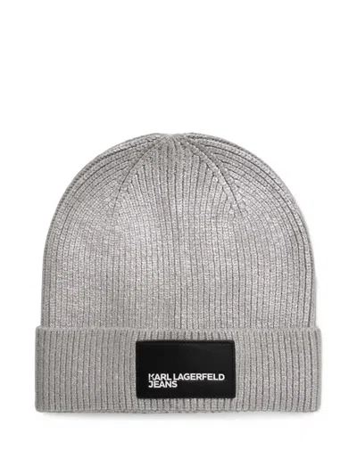 Karl Lagerfeld Jeans Ribbed Metallic-effect Beanie Hat In Gray