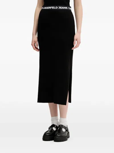 Karl Lagerfeld Jeans Ribbed Slit-detail Midi Skirt In Black