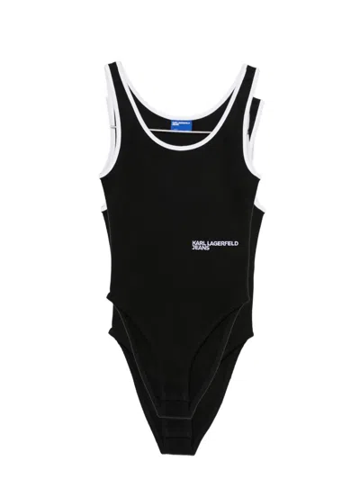 Karl Lagerfeld Jeans Ribbed-knit Logo-print Bodysuit In Black