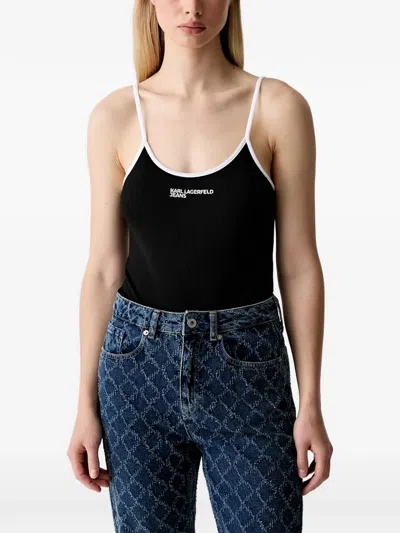 Karl Lagerfeld Jeans Ribbed-knit Logo-print Bodysuit In Black