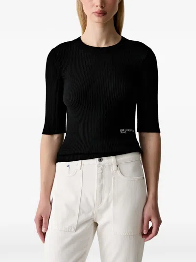 Karl Lagerfeld Jeans Ribbed-knit Short-sleeve Top In Black