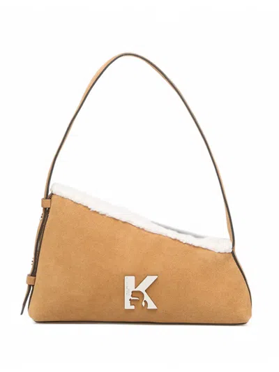 Karl Lagerfeld Jeans Asymmetrische Schultertasche Mit Shearling-besatz In Brown