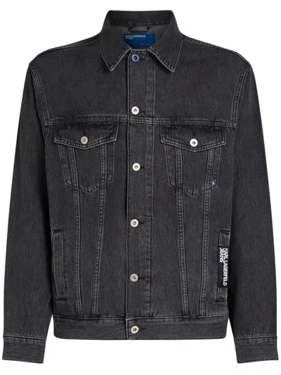 Karl Lagerfeld Jeans Logo-tag Shearling-collar Denim Jacket In Grey