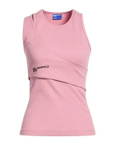 Karl Lagerfeld Jeans Woman Tank Top Pink Size S Organic Cotton, Elastane In Animal Print