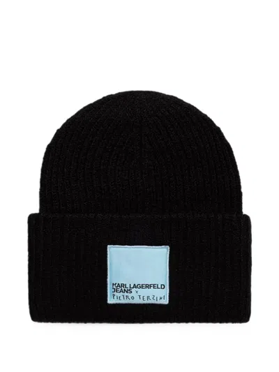 Karl Lagerfeld Jeans Xpietro Terzini Logo-patch Beanie Hat In Black